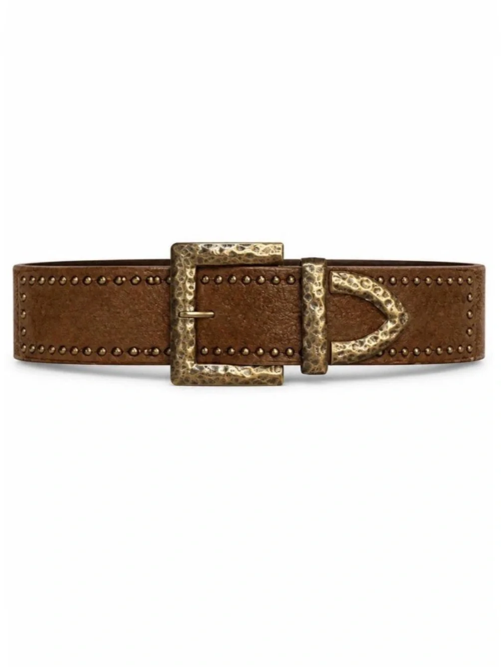 Brown Studded Faux Leather Belt with Hammered Brass Tone Buckle